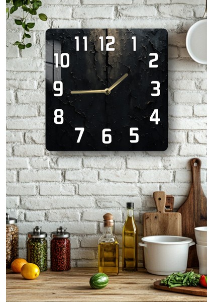 Siyah Dokulu Endüstriyel Temperli Cam Kare Saat 33X33 cm Ebadında Uv Baskı - KCS063