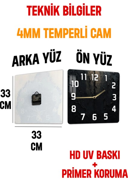 Siyah Dokulu Endüstriyel Temperli Cam Kare Saat 33X33 cm Ebadında Uv Baskı - KCS063