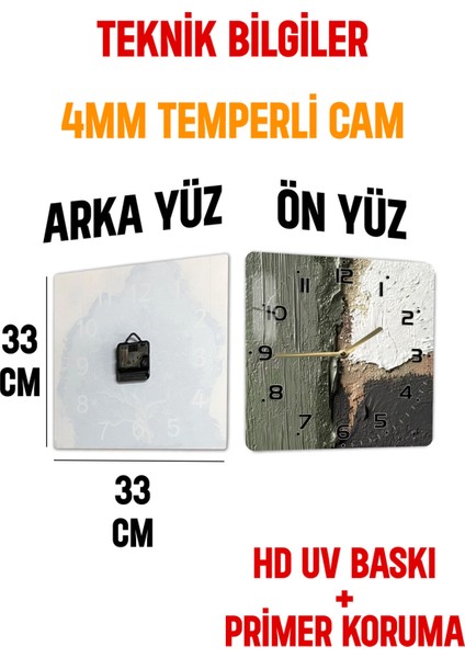 Soyut Doku Desenli Temperli Cam Kare Saat 33X33 cm Ebadında Uv Baskı - KCS029