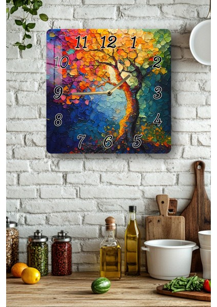 Renkli Ağaç Temalı Temperli Cam Kare Saat 33X33 cm Ebadında Uv Baskı - KCS008