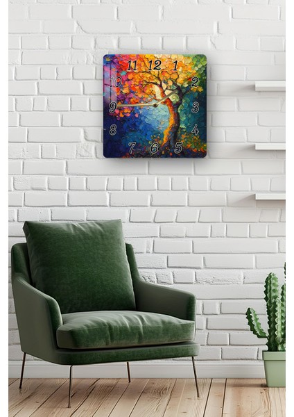 Renkli Ağaç Temalı Temperli Cam Kare Saat 33X33 cm Ebadında Uv Baskı - KCS008 fiyatları