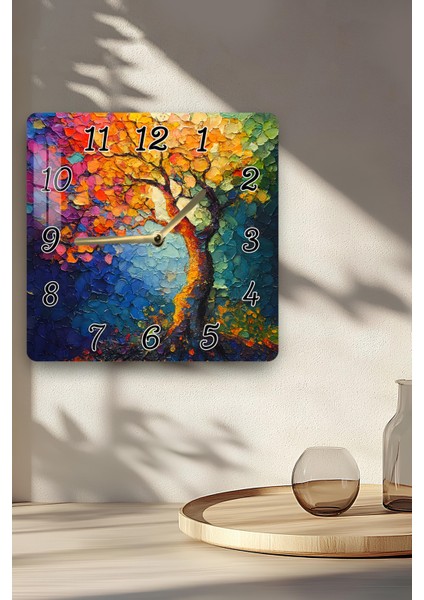 Renkli Ağaç Temalı Temperli Cam Kare Saat 33X33 cm Ebadında Uv Baskı - KCS008 indirimleri