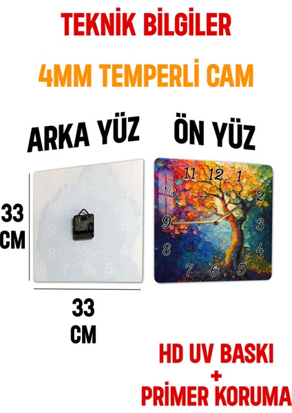 Renkli Ağaç Temalı Temperli Cam Kare Saat 33X33 cm Ebadında Uv Baskı - KCS008