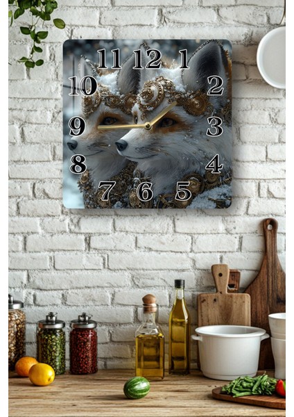 Tilki Figürlü Temperli Cam Kare Saat 33X33 cm Ebadında Uv Baskı - KCS009