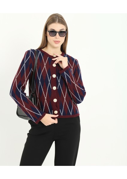 Kadın Gold Düğmeli Baklava Desen Bisiklet Yaka Hırka