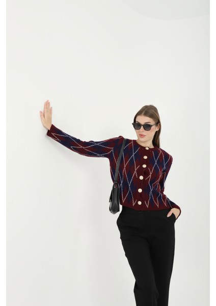 Kadın Gold Düğmeli Baklava Desen Bisiklet Yaka Hırka fırsatları