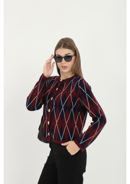 Kadın Gold Düğmeli Baklava Desen Bisiklet Yaka Hırka indirimleri