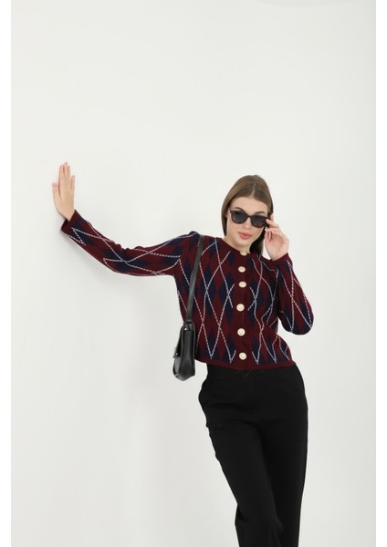 Kadın Gold Düğmeli Baklava Desen Bisiklet Yaka Hırka