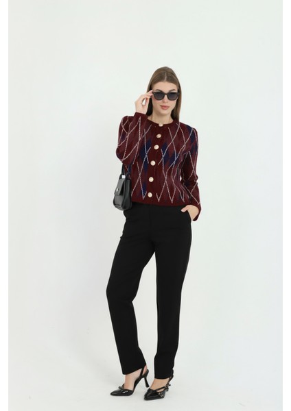 Kadın Gold Düğmeli Baklava Desen Bisiklet Yaka Hırka