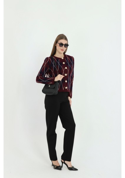 Kadın Gold Düğmeli Baklava Desen Bisiklet Yaka Hırka