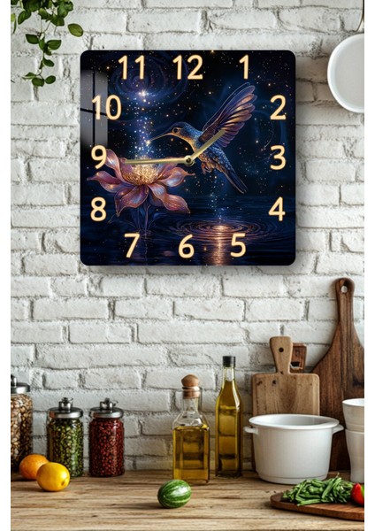 Gece ve Sinek Kuşu Temalı Temperli Cam Kare Saat 33X33 cm Ebadında Uv Baskı - KCS012