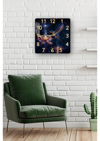 Gece ve Sinek Kuşu Temalı Temperli Cam Kare Saat 33X33 cm Ebadında Uv Baskı - KCS012 fiyatları