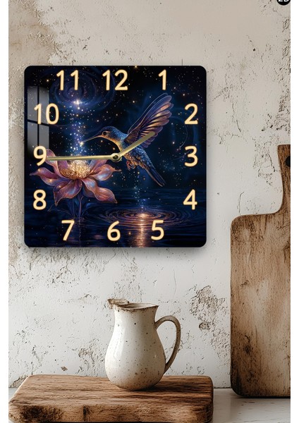 Gece ve Sinek Kuşu Temalı Temperli Cam Kare Saat 33X33 cm Ebadında Uv Baskı - KCS012 modelleri