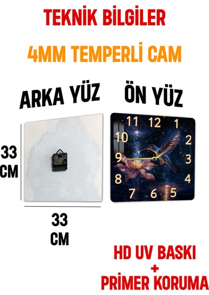 Gece ve Sinek Kuşu Temalı Temperli Cam Kare Saat 33X33 cm Ebadında Uv Baskı - KCS012
