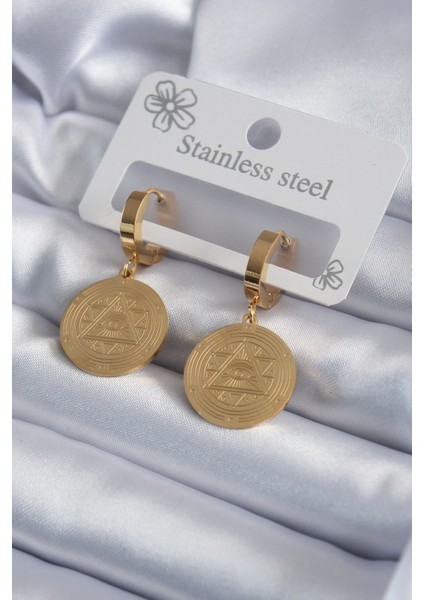 316L Çelik Gold Renk Pentagram İşleme Model Kadın Küpe - Lisinya