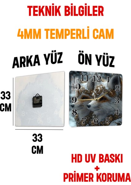 Tilki Figürlü Temperli Cam Kare Saat 33X33 cm Ebadında Uv Baskı - KCS009