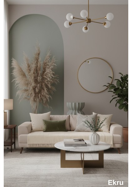 Ekru Pamuklu Koltuk Örtüsü 115X200 Önden Saçaklı Çizgili Desenli