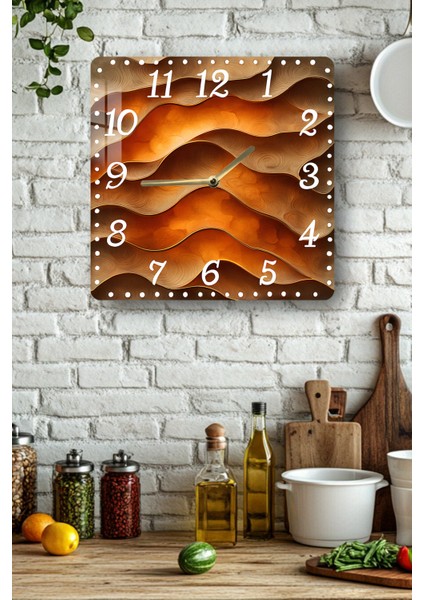 Kahverengi Dalgalar Temalı Temperli Cam Kare Saat 33X33 cm Ebadında Uv Baskı - KCS031