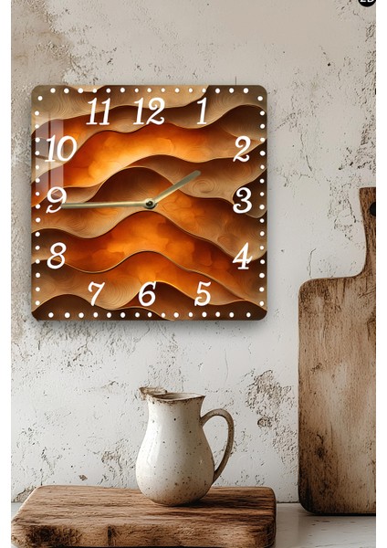 Kahverengi Dalgalar Temalı Temperli Cam Kare Saat 33X33 cm Ebadında Uv Baskı - KCS031 modelleri