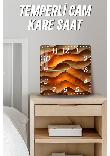 Kahverengi Dalgalar Temalı Temperli Cam Kare Saat 33X33 cm Ebadında Uv Baskı - KCS031 fırsatları
