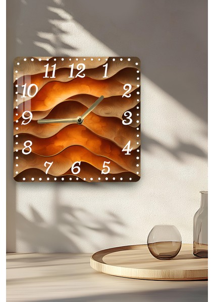 Kahverengi Dalgalar Temalı Temperli Cam Kare Saat 33X33 cm Ebadında Uv Baskı - KCS031 indirimleri