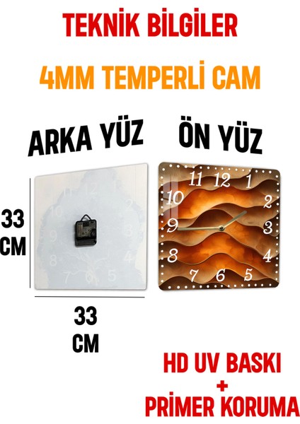 Kahverengi Dalgalar Temalı Temperli Cam Kare Saat 33X33 cm Ebadında Uv Baskı - KCS031