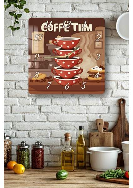 Coffee Time Temalı Temperli Cam Kare Saat 33X33 cm Ebadında Uv Baskı - KCS022