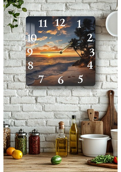 Gün Batımı Sahil Manzaralı Temperli Cam Kare Saat 33X33 cm Ebadında Uv Baskı - KCS058