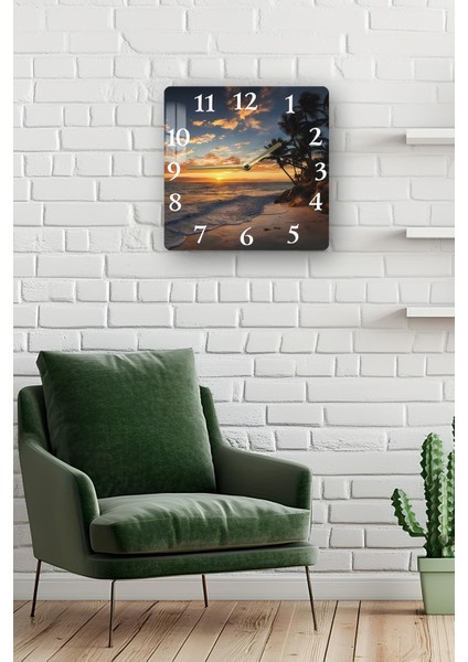 Gün Batımı Sahil Manzaralı Temperli Cam Kare Saat 33X33 cm Ebadında Uv Baskı - KCS058 fiyatları