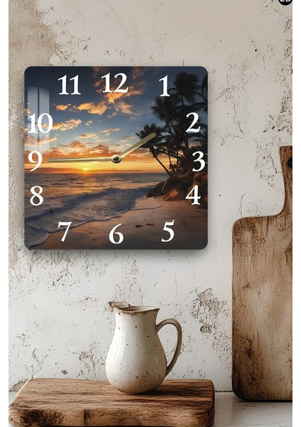 Gün Batımı Sahil Manzaralı Temperli Cam Kare Saat 33X33 cm Ebadında Uv Baskı - KCS058 modelleri