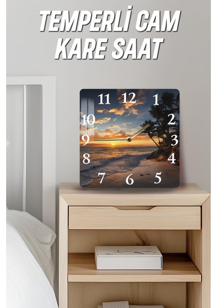Gün Batımı Sahil Manzaralı Temperli Cam Kare Saat 33X33 cm Ebadında Uv Baskı - KCS058 fırsatları