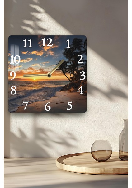 Gün Batımı Sahil Manzaralı Temperli Cam Kare Saat 33X33 cm Ebadında Uv Baskı - KCS058 indirimleri