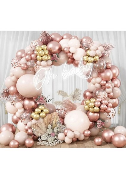 102 Parça Jumbo Pudra & Rosegold Balon Seti – Doğum Günü, 1 Yaş, Parti ve Konfeti Dekoru