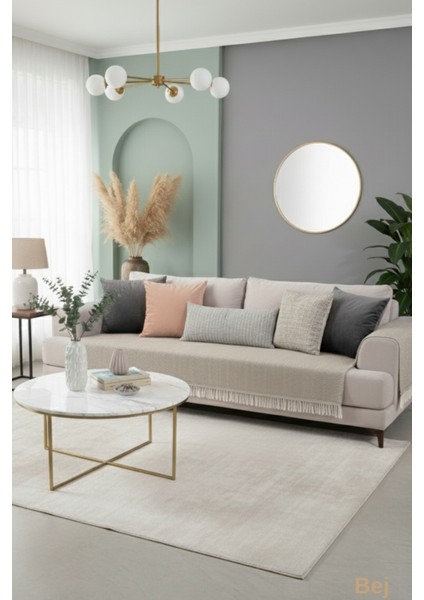 Açık Bej Pamuklu Koltuk Örtüsü 115X200 Önden Saçaklı Çizgili Desenli