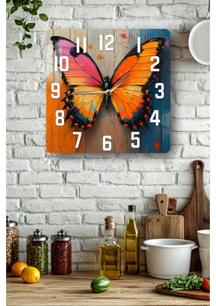 Turuncu ve Pembe Kelebek Temalı Temperli Cam Kare Saat 33X33 cm Ebadında Uv Baskı - KCS027