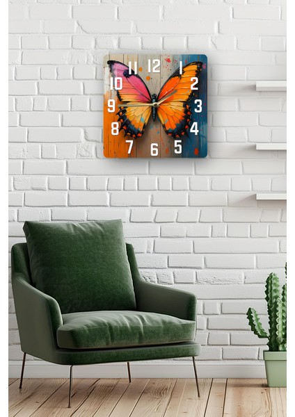 Turuncu ve Pembe Kelebek Temalı Temperli Cam Kare Saat 33X33 cm Ebadında Uv Baskı - KCS027 fiyatları