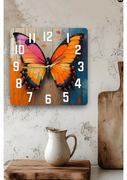 Turuncu ve Pembe Kelebek Temalı Temperli Cam Kare Saat 33X33 cm Ebadında Uv Baskı - KCS027 modelleri