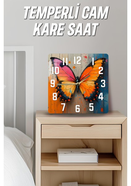 Turuncu ve Pembe Kelebek Temalı Temperli Cam Kare Saat 33X33 cm Ebadında Uv Baskı - KCS027 fırsatları