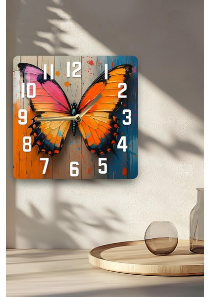Turuncu ve Pembe Kelebek Temalı Temperli Cam Kare Saat 33X33 cm Ebadında Uv Baskı - KCS027 indirimleri