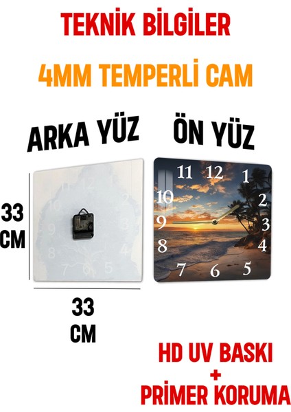 Gün Batımı Sahil Manzaralı Temperli Cam Kare Saat 33X33 cm Ebadında Uv Baskı - KCS058