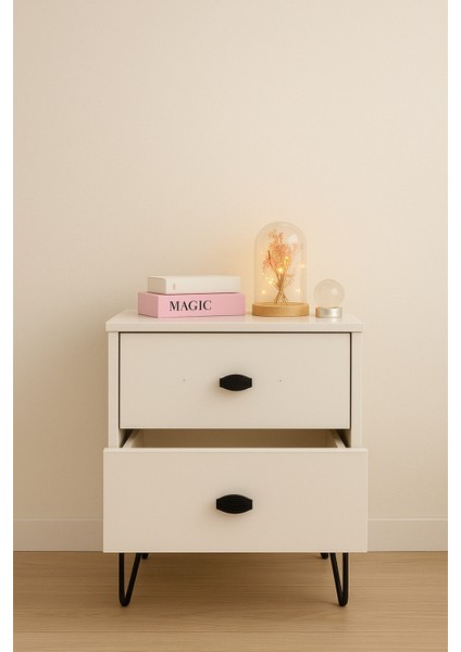 Rova 2 Çekmeceli Komodin Parlak Beyaz – Siyah Metal Ayak ve Kulp Detaylı Modern Işlevsel Yatak Odası - Çocuk Odası -Başucu - Yan