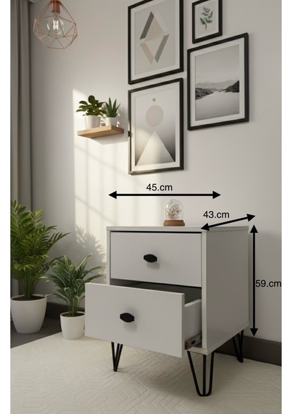 Rova 2 Çekmeceli Komodin Parlak Beyaz – Siyah Metal Ayak ve Kulp Detaylı Modern Işlevsel Yatak Odası - Çocuk Odası -Başucu - Yan fiyatları