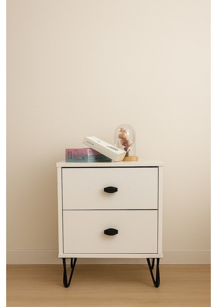 Rova 2 Çekmeceli Komodin Parlak Beyaz – Siyah Metal Ayak ve Kulp Detaylı Modern Işlevsel Yatak Odası - Çocuk Odası -Başucu - Yan modelleri