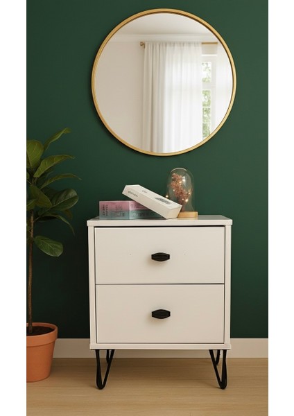 Rova 2 Çekmeceli Komodin Parlak Beyaz – Siyah Metal Ayak ve Kulp Detaylı Modern Işlevsel Yatak Odası - Çocuk Odası -Başucu - Yan fırsatları