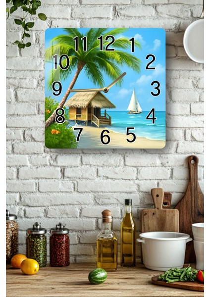 Tropikal Sahil Temalı Temperli Cam Kare Saat 33X33 cm Ebadında Uv Baskı - KCS010