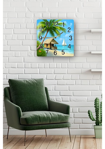 Tropikal Sahil Temalı Temperli Cam Kare Saat 33X33 cm Ebadında Uv Baskı - KCS010 fiyatları