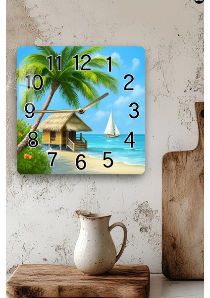 Tropikal Sahil Temalı Temperli Cam Kare Saat 33X33 cm Ebadında Uv Baskı - KCS010 modelleri