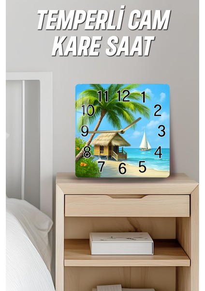 Tropikal Sahil Temalı Temperli Cam Kare Saat 33X33 cm Ebadında Uv Baskı - KCS010 fırsatları