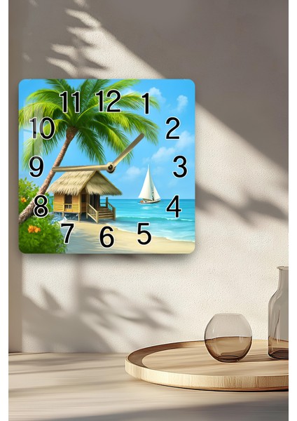 Tropikal Sahil Temalı Temperli Cam Kare Saat 33X33 cm Ebadında Uv Baskı - KCS010 indirimleri
