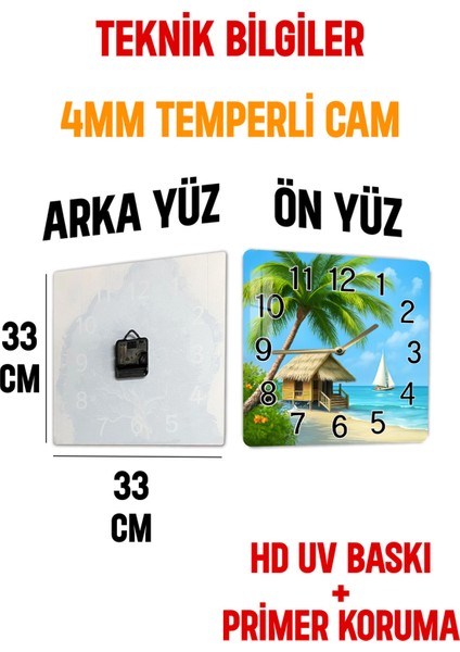 Tropikal Sahil Temalı Temperli Cam Kare Saat 33X33 cm Ebadında Uv Baskı - KCS010